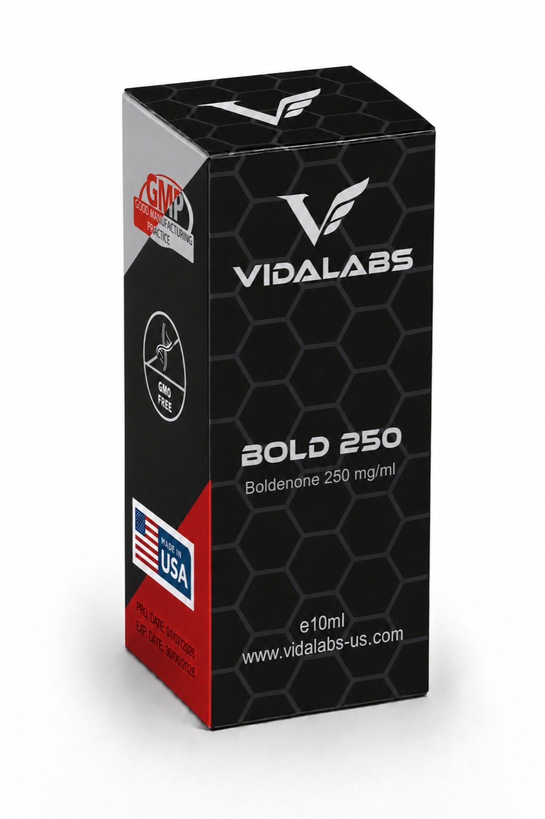 BOLD 250 carton — black hexagon-pattern box with silver lettering