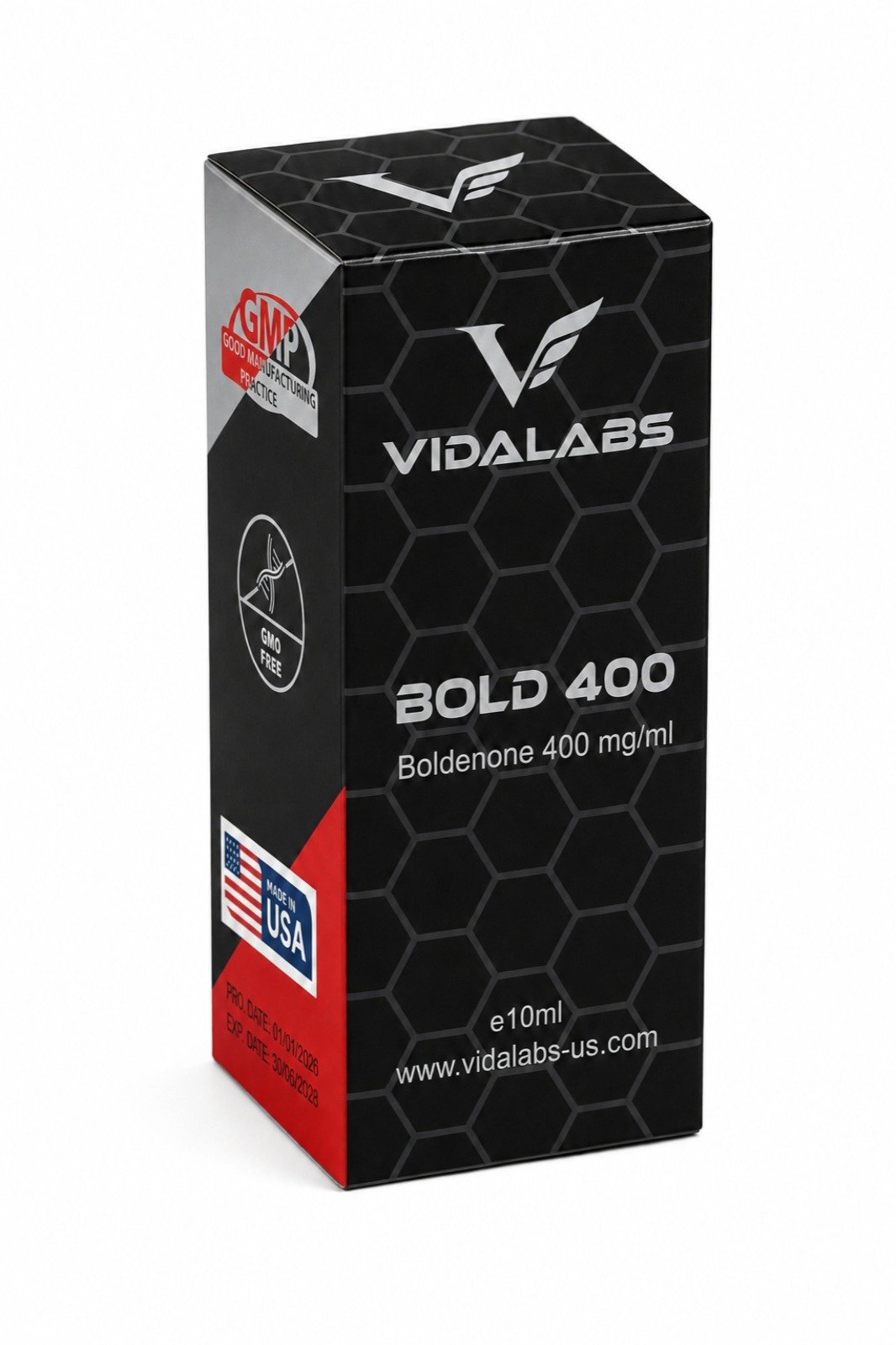 BOLD 400 carton — black hexagon-pattern box with silver lettering