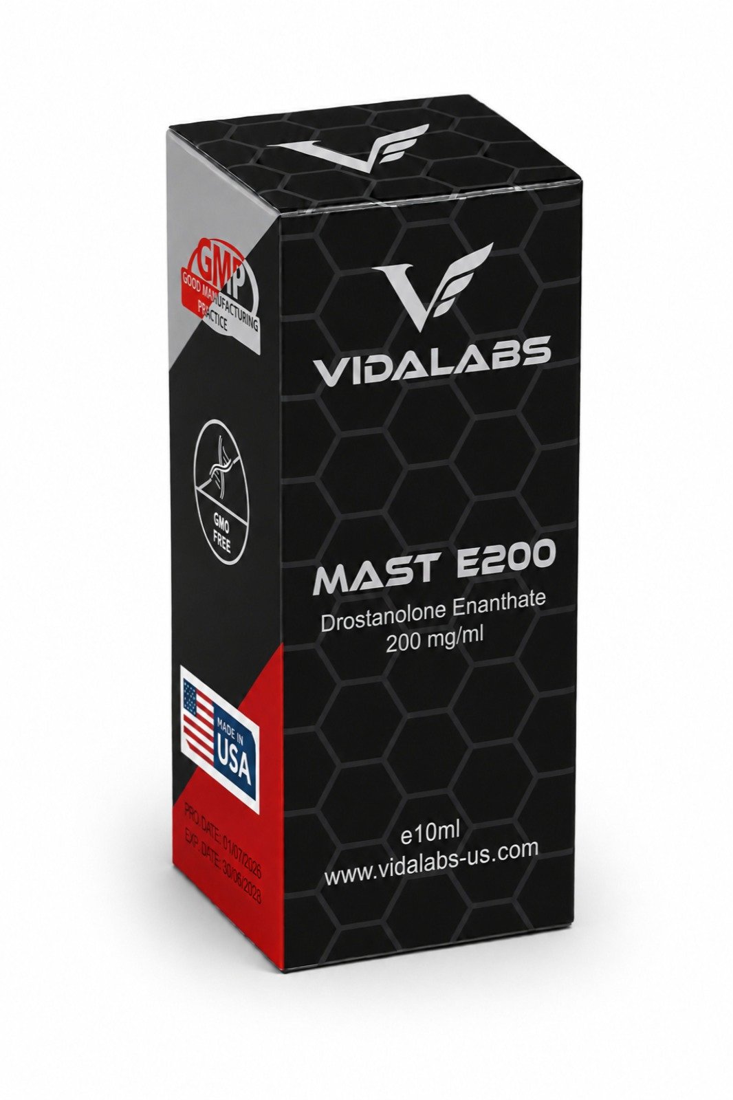 MAST E200 carton — black hexagon-pattern box with silver lettering