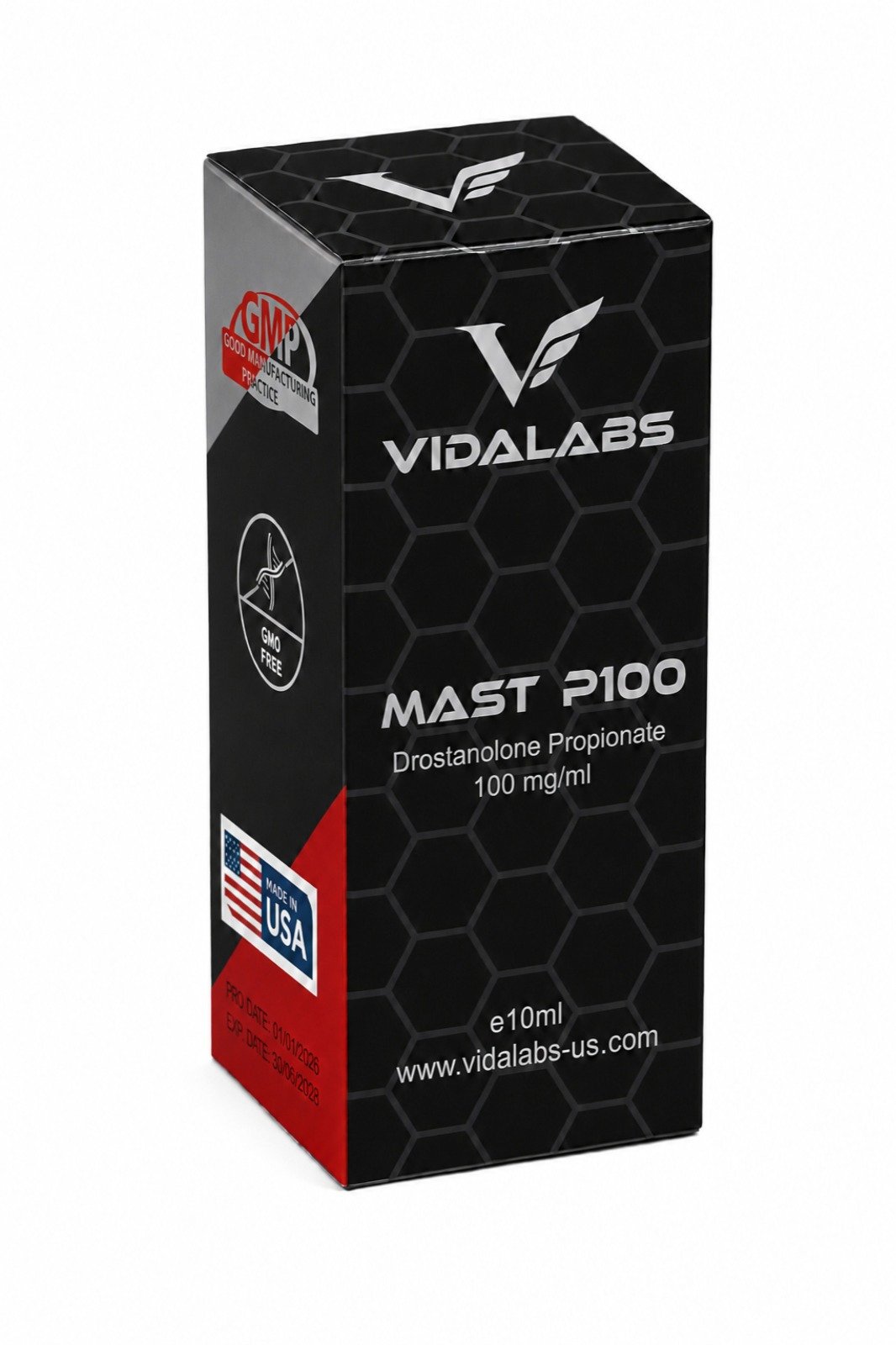 MAST P100 carton — black hexagon-pattern box with silver lettering