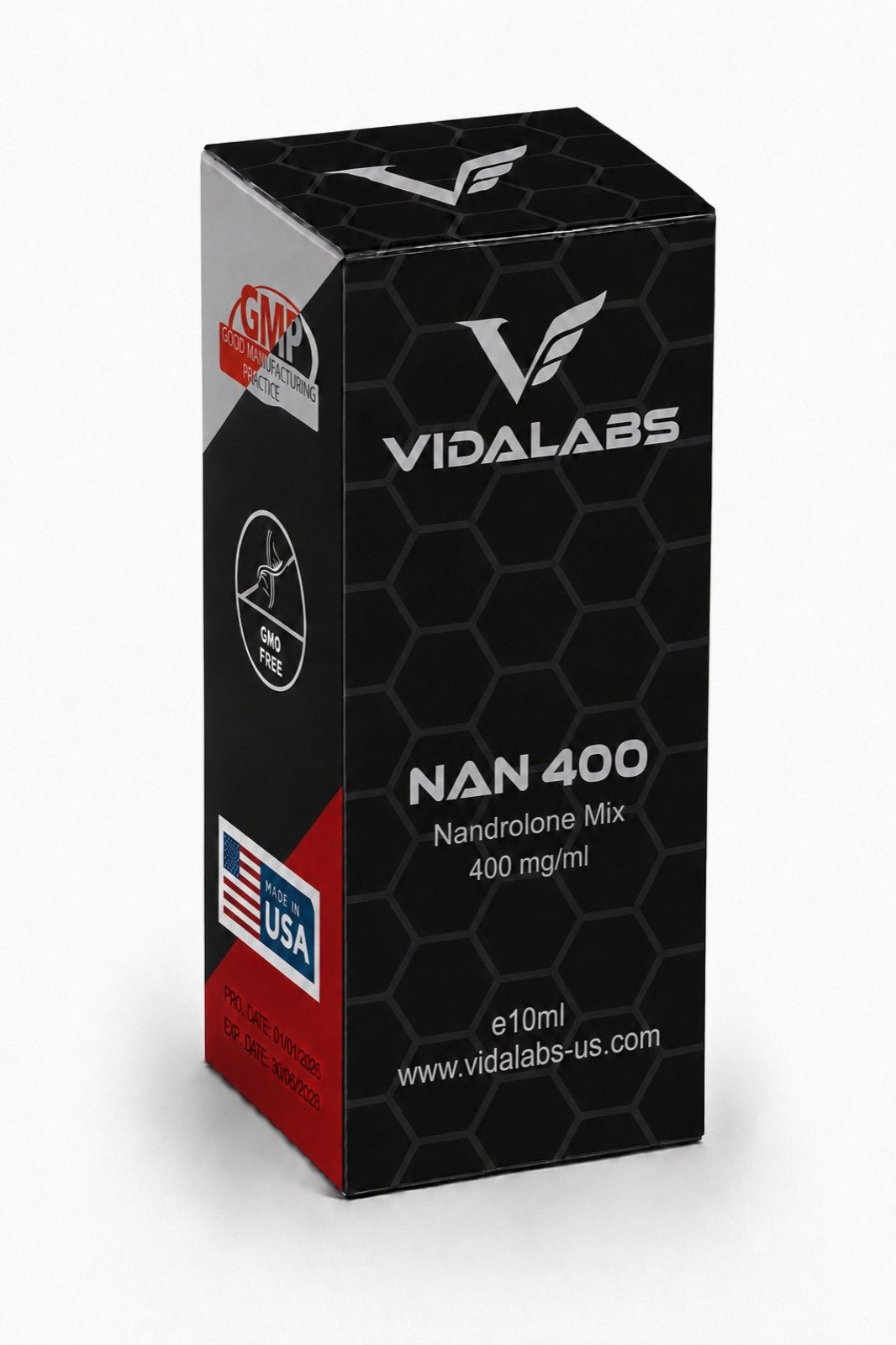 NAN 400 carton — black hexagon-pattern box with silver lettering