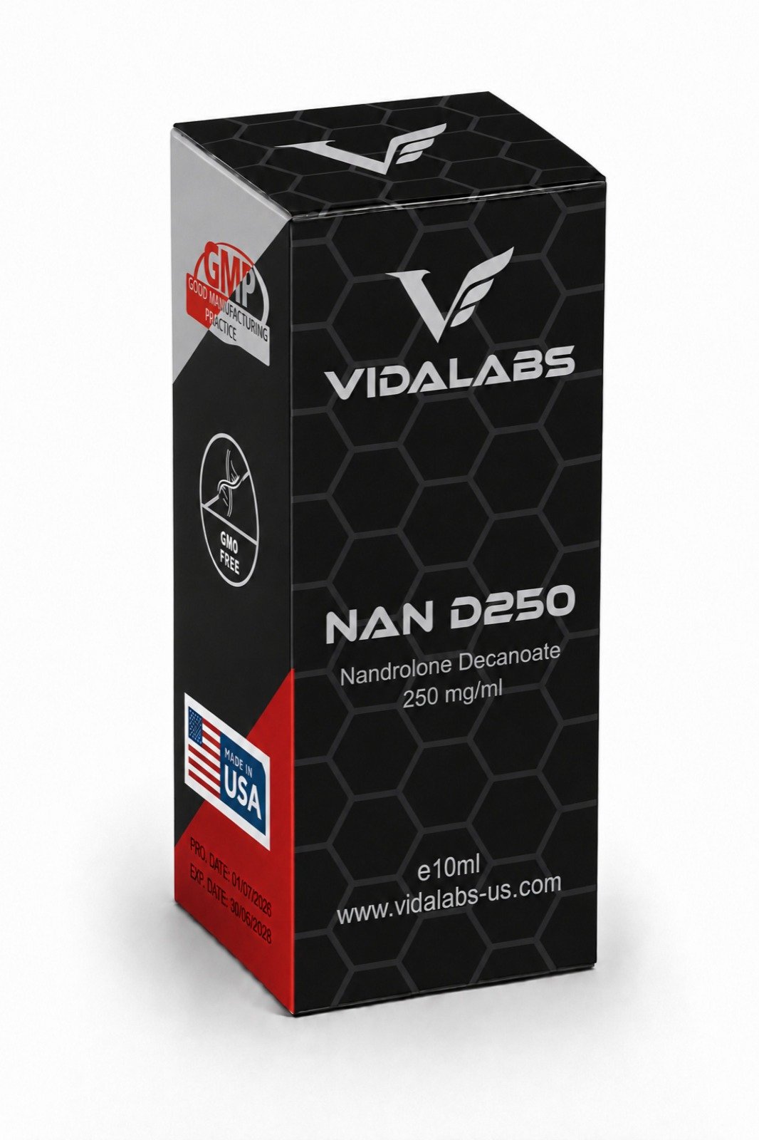 NAN D250 carton — black hexagon-pattern box with silver lettering