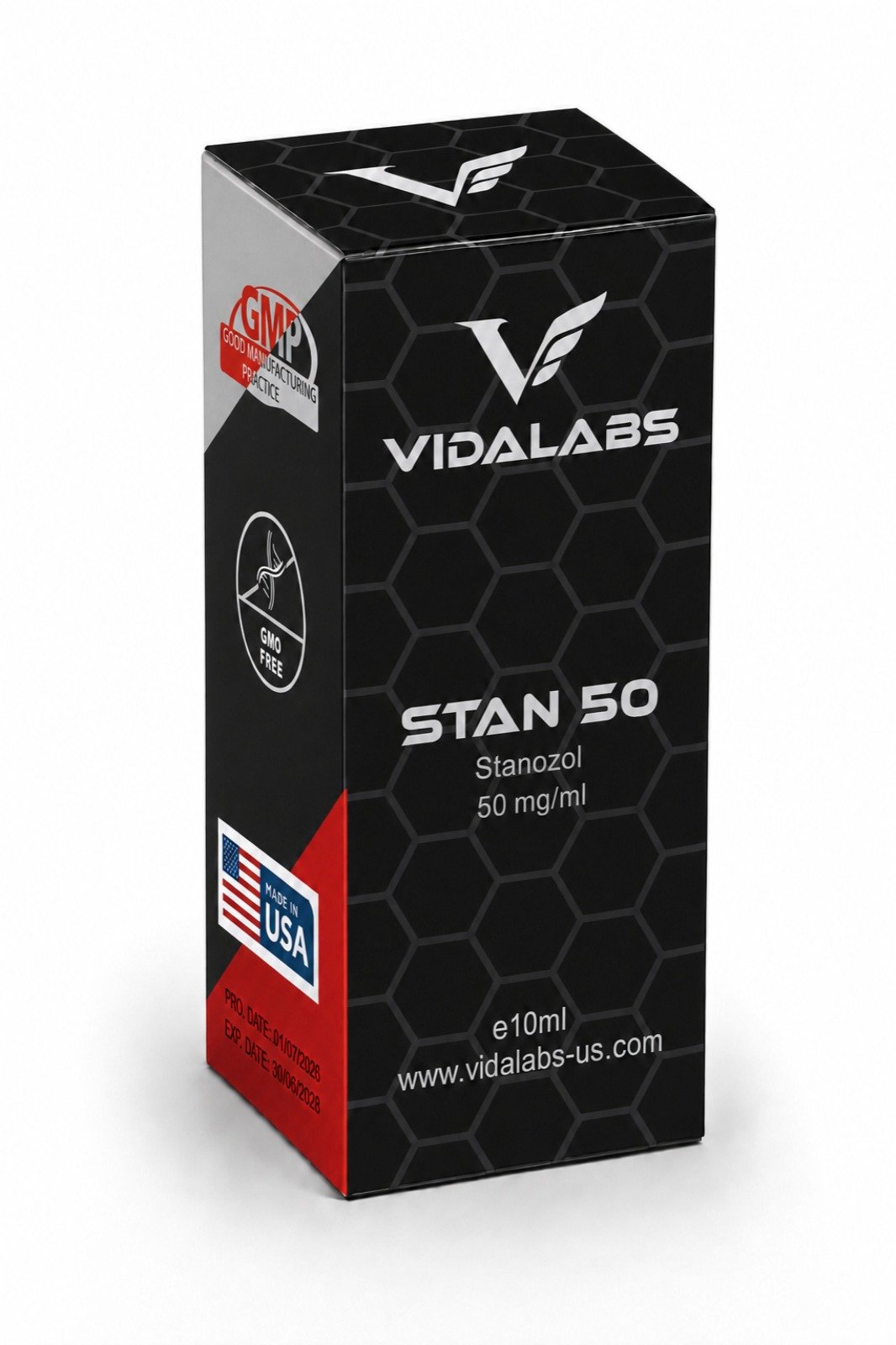 STAN 50 carton — black hexagon-pattern box with silver lettering