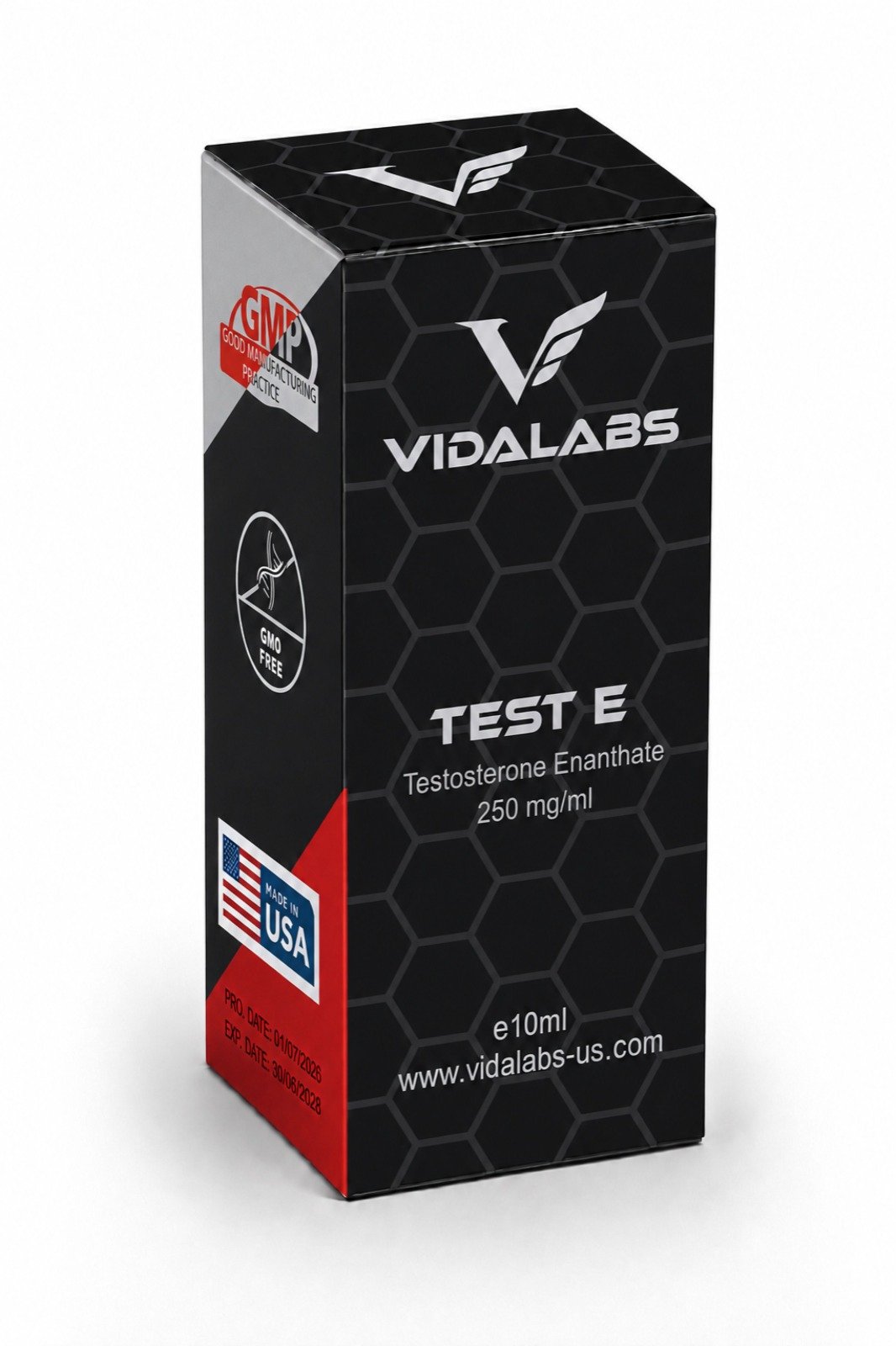 TEST E carton — black hexagon-pattern box with silver lettering