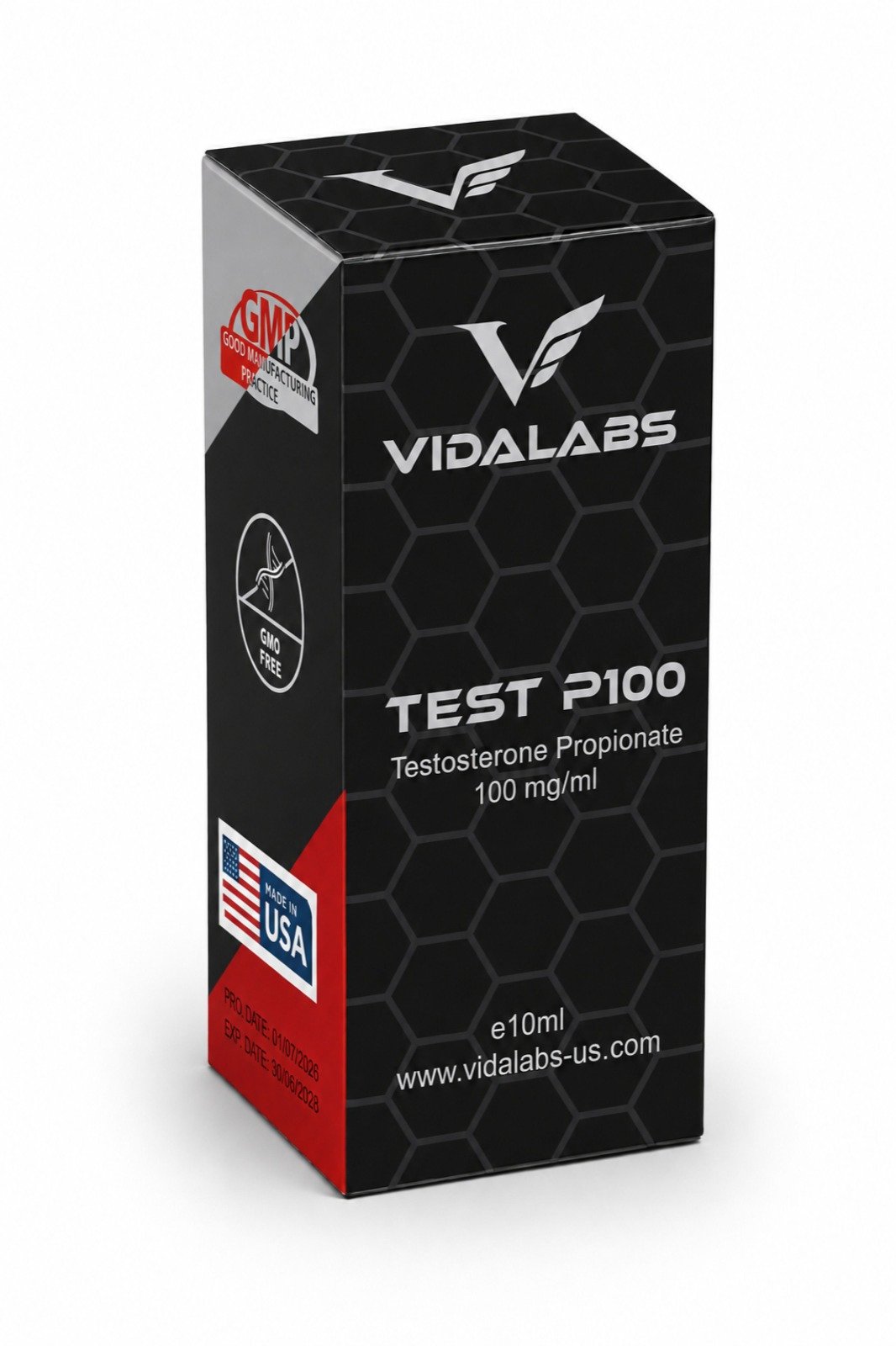TEST P100 carton — black hexagon-pattern box with silver lettering