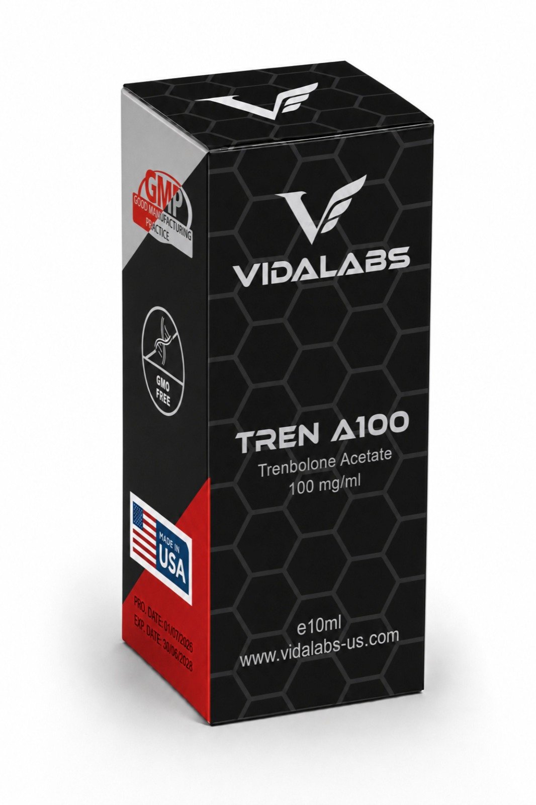 TREN A100 carton — black hexagon-pattern box with silver lettering